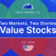 A bubble chart with value outside U.S. above the horizon line and U.S. value below the horizon line along with the text Two Markets, Two Stories: Value Stocks