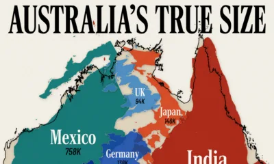 This cropped graphic stacks nine countries inside Australia to visualize its true size.