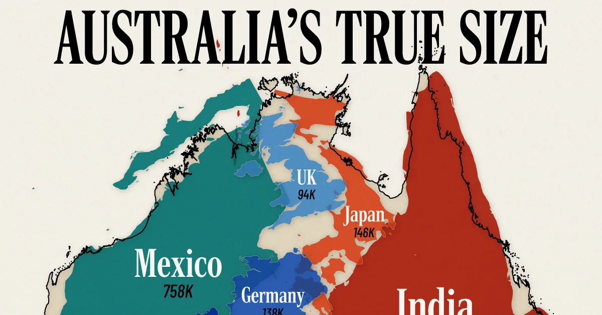 This cropped graphic stacks nine countries inside Australia to visualize its true size.