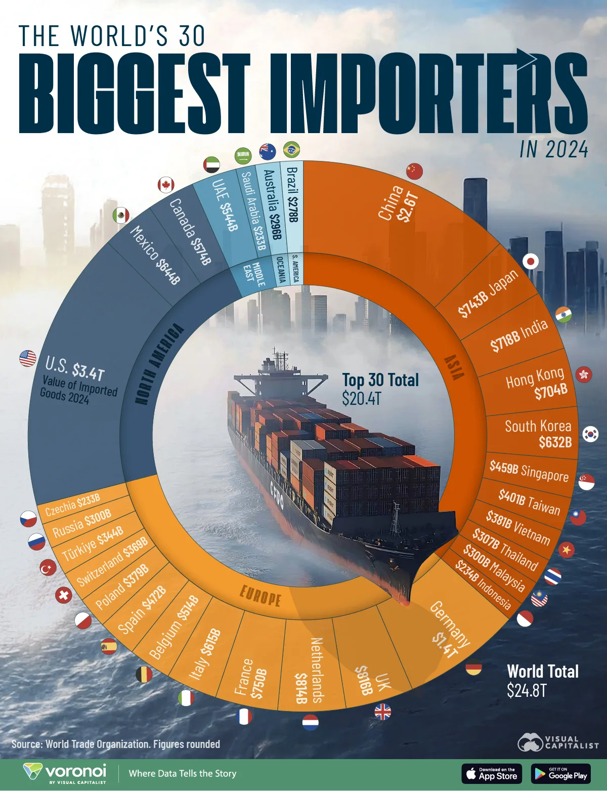Pie chart showing the 30 largest importers in the world in 2024.