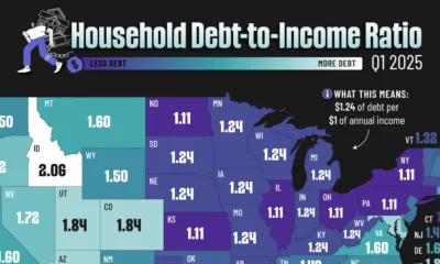 This cropped graphic maps by their household debt-to-income ratios in Q1, 2025, using data from the Federal Reserve.