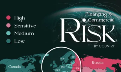 This infographic maps short-term financing and commercial risk by country in 2025 based on financing flows and demand disruptions.