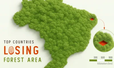 Graphic showing countries and their proportional scale of deforestation between 2015 and 2025.