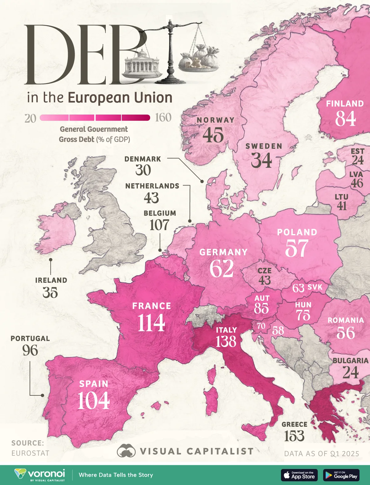 Maps showing European Union debt to GDP by country.
