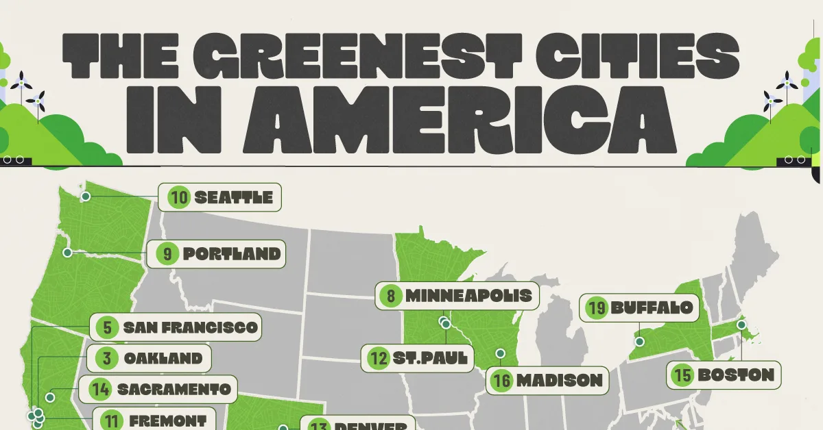 Map showing the greenest cities in the United States.