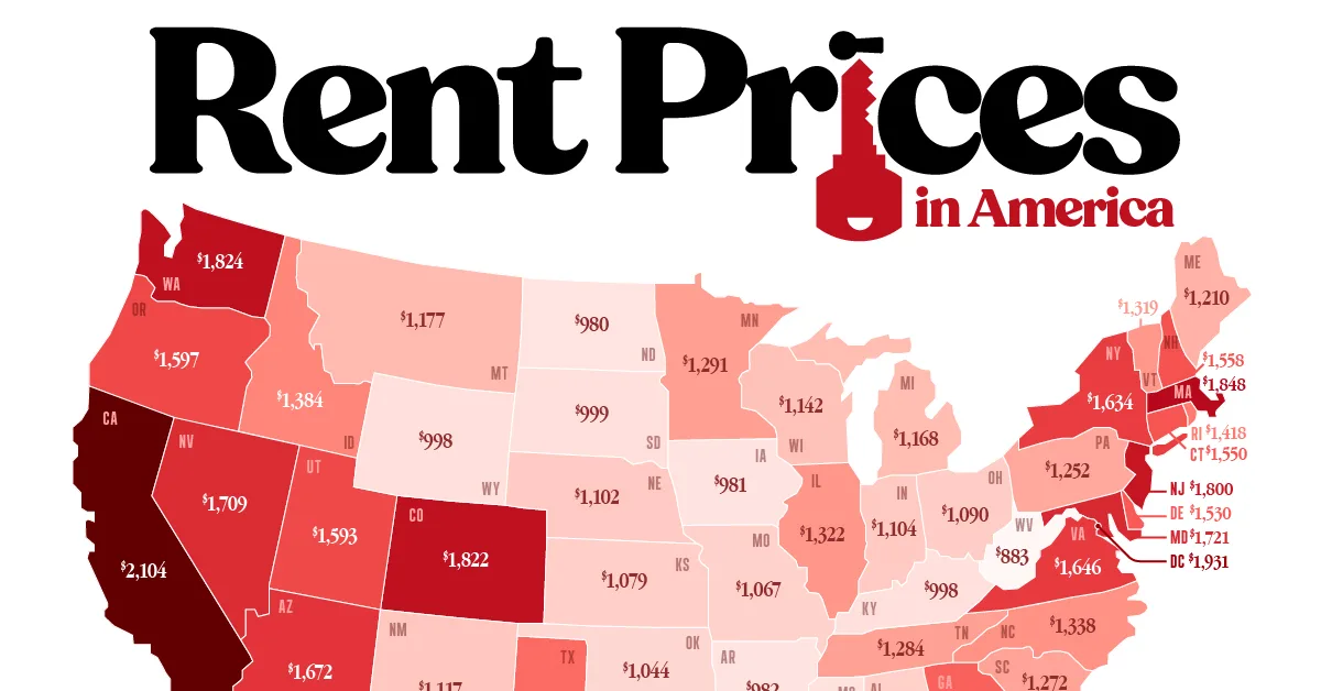 cropped map of median rent by state in the U.S. in 2024