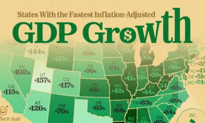 This cropped graphic maps the states with the fastest Real GDP Growth between 1990–2024, using data from the Bureau of Economic Analysis.