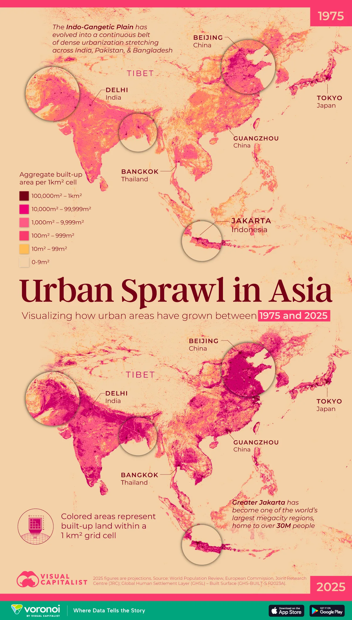 Map showing 50 years of urbanization in Asia.