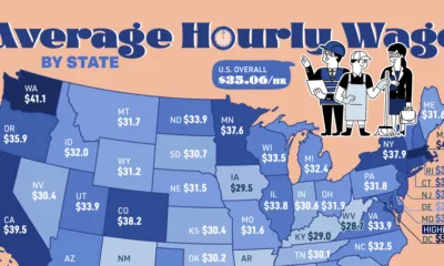 Map showing the average hourly wage by U.S. state in 2024.