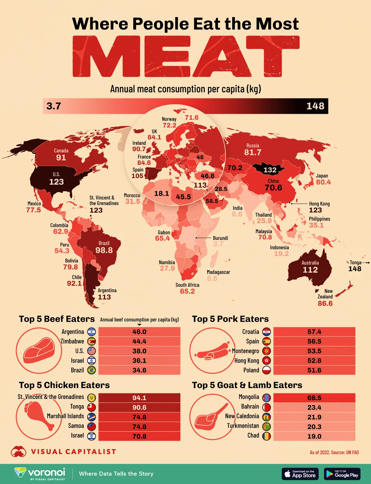 Map graphic showing the countries that eat the most meat per capita