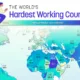 Map showing which countries work the most hours in 2025.