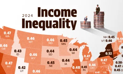 Map showing income inequality by state in 2024.