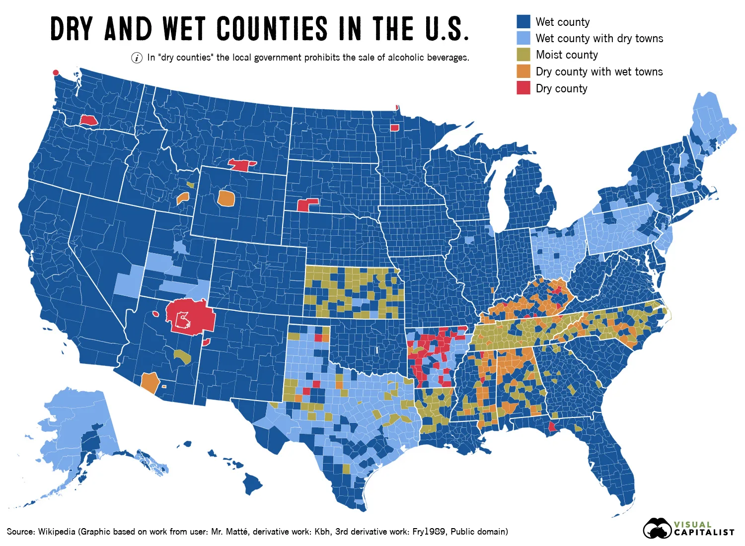 U.S. map showing dry, moist, and wet counties based on alcohol sales laws as of 2025, highlighting regional patterns and restrictions