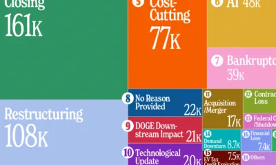 Treemap graphic showing top reasons for job cuts in the U.S. in 2025.