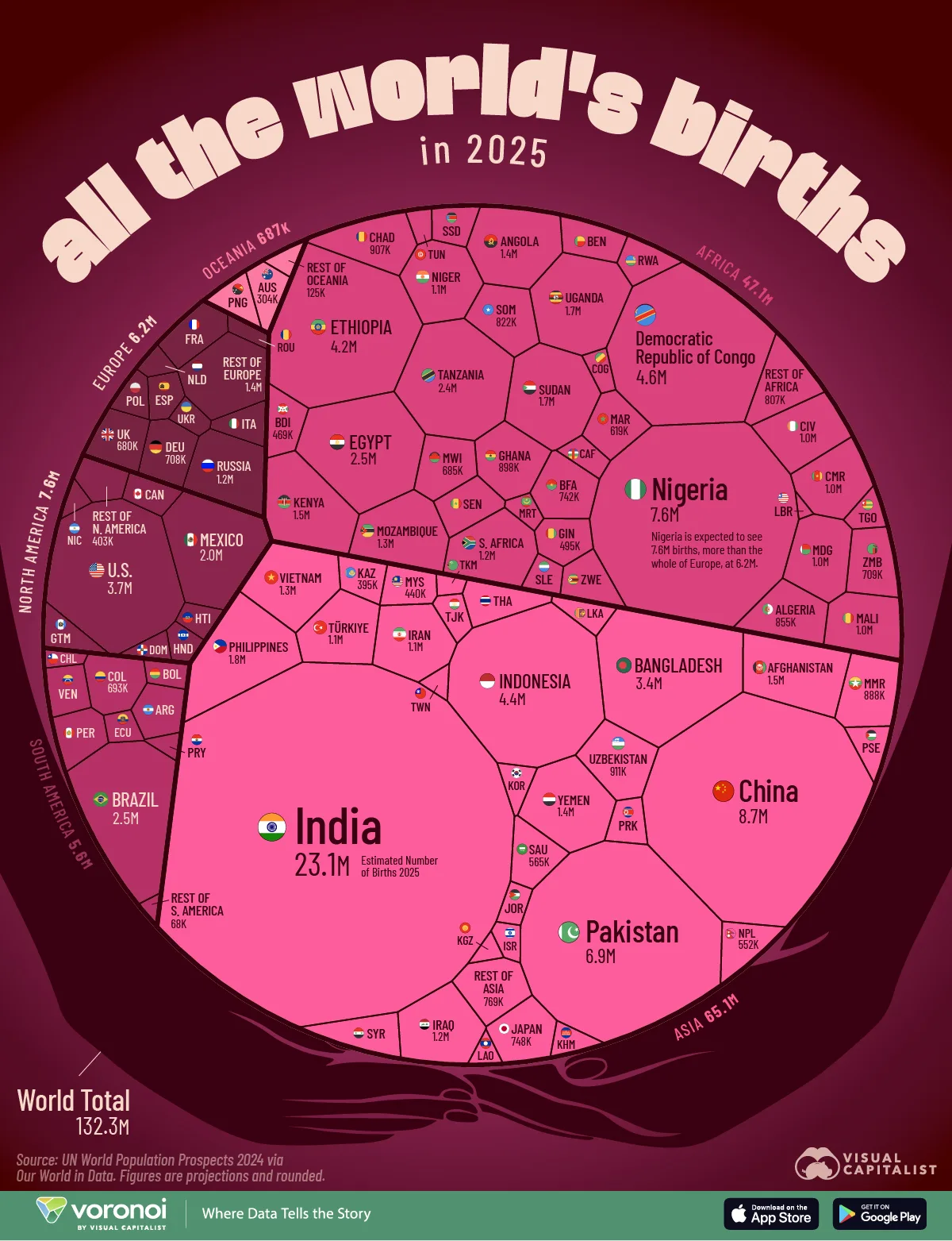 Voronoi graphic visualizing all the world’s births in 2025.