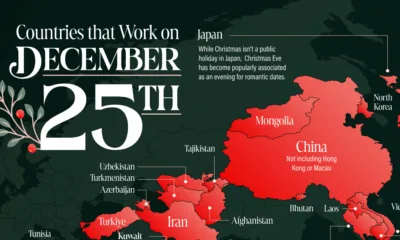 Map showing countries where December 25th is a normal day of work.
