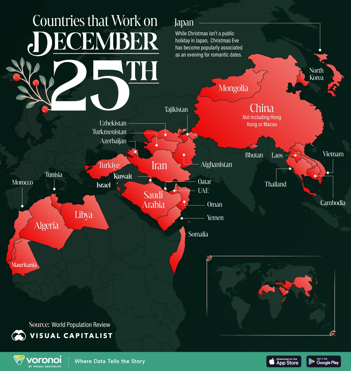 Map showing countries where December 25th is a normal day of work.
