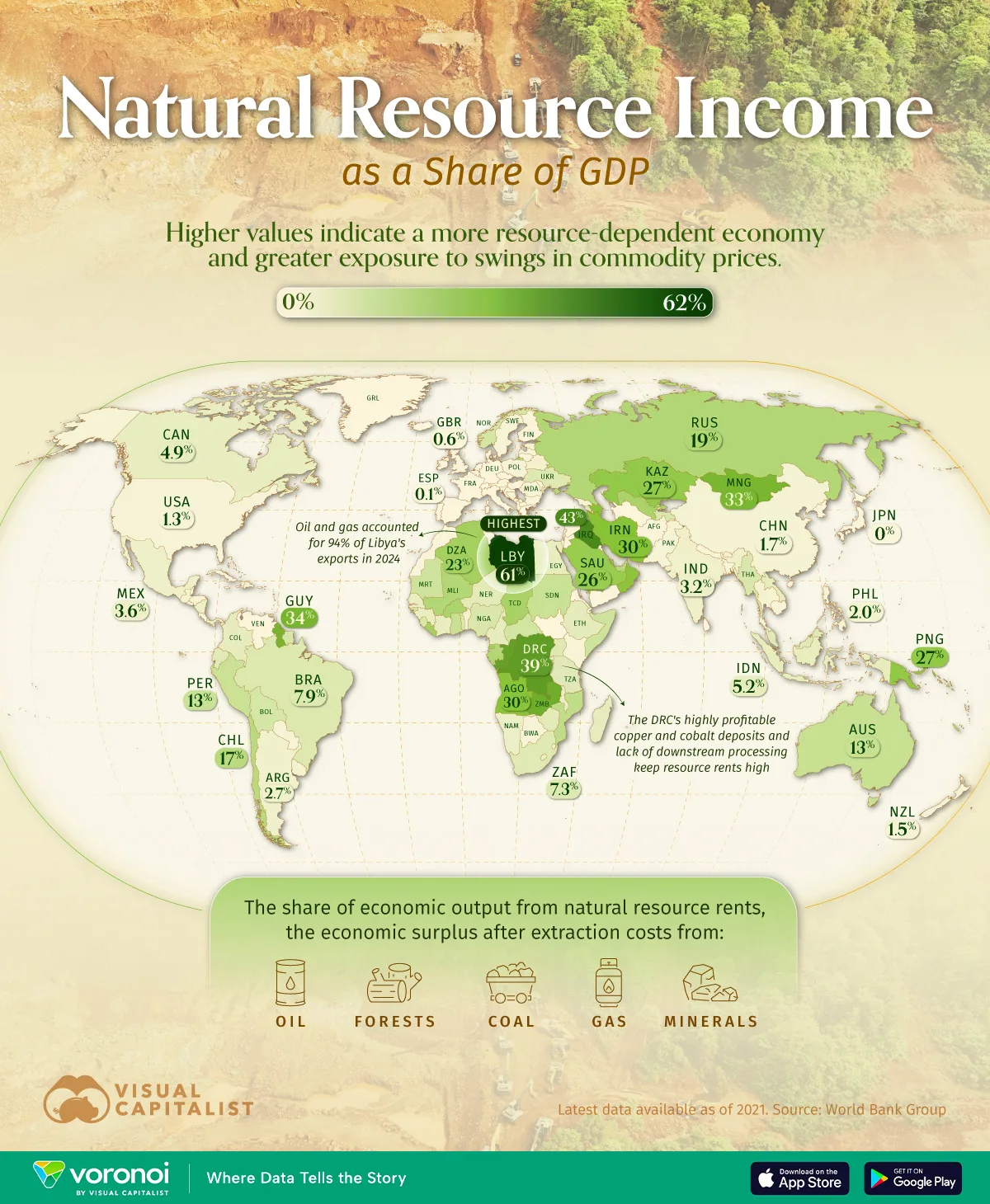 Map showing the share of a country’s economic output that comes from natural resources.