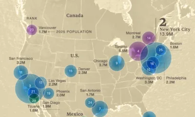 Cropped map of North America's most populous cities