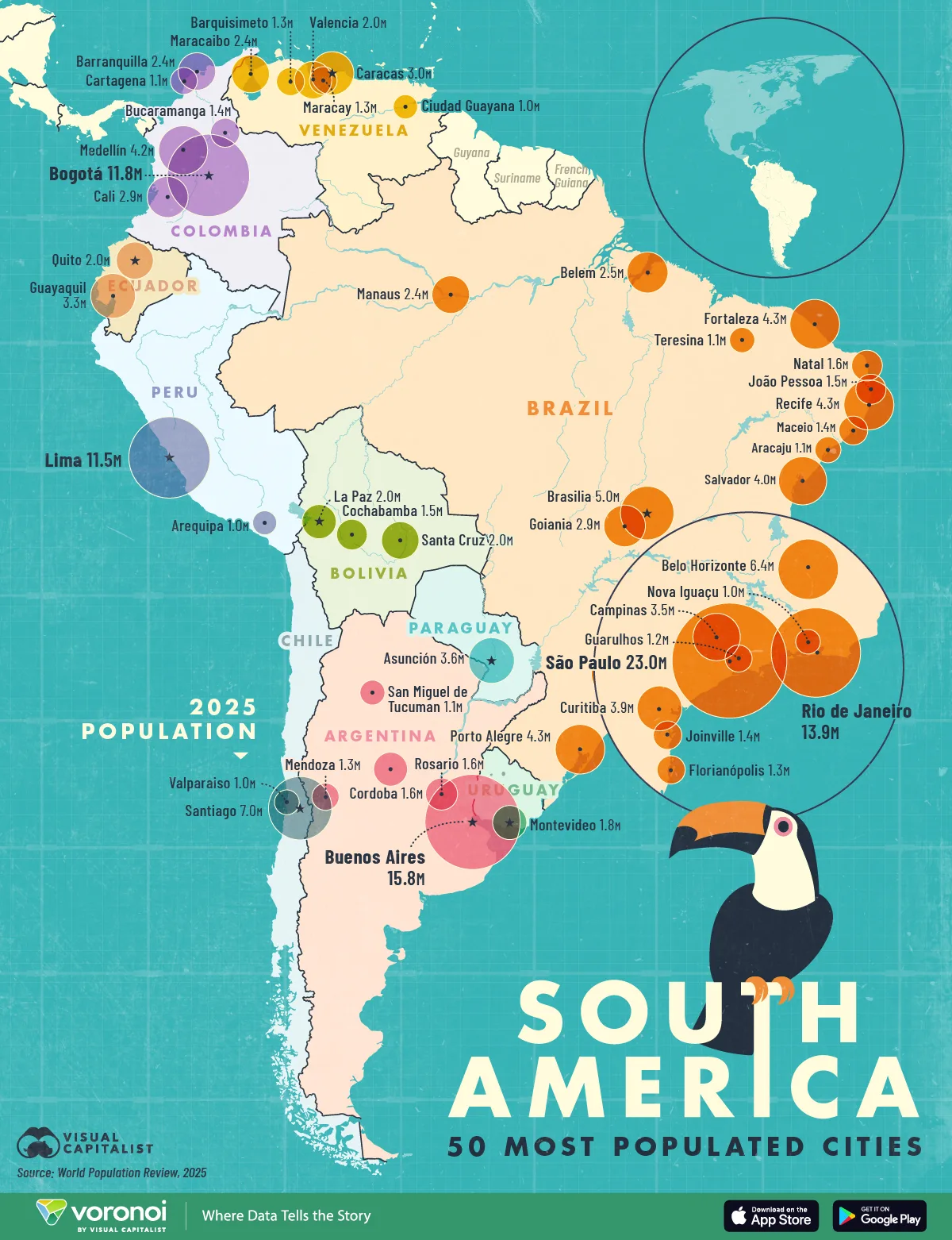 Mapped view of South America’s most populated cities shows how Brazil and a few megacities dominate the continent’s urban population.