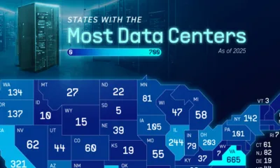 Map showing U.S. states with the most data centers in 2025.