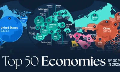 Map showing the top 50 economies in the world in 2025 by GDP.