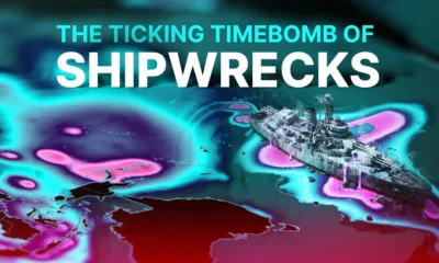 A shareable for a map showing the global density of World War-era shipwrecks and their estimated oil content, highlighting environmental risks to coastal nations.