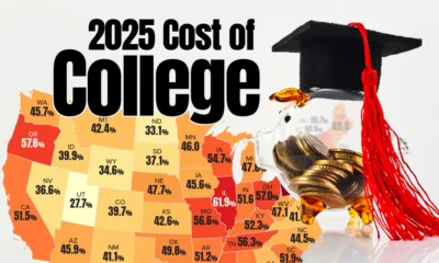 This map shows the cost of attending college as a percentage of household income for full-time, in-state students living on campus.