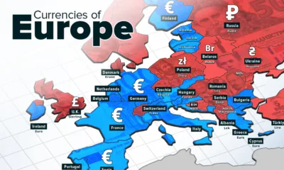 Map showing the currencies of Europe in 2026.