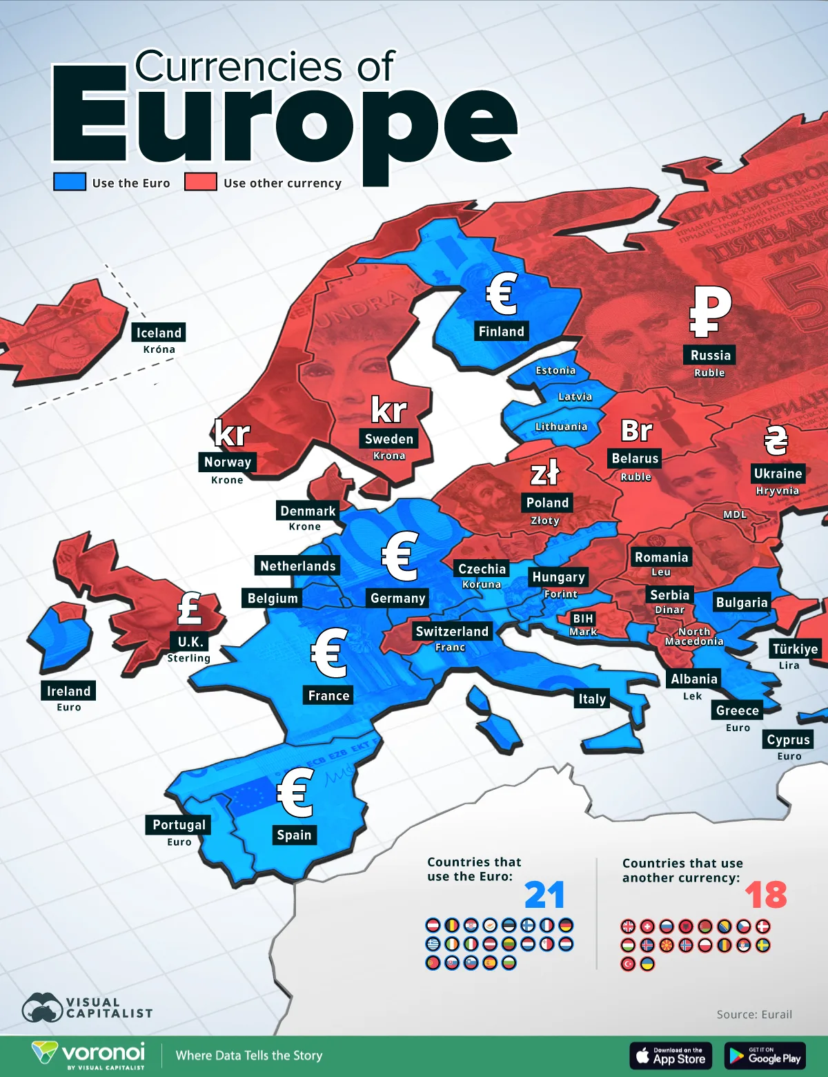 Map showing the currencies of Europe in 2026.