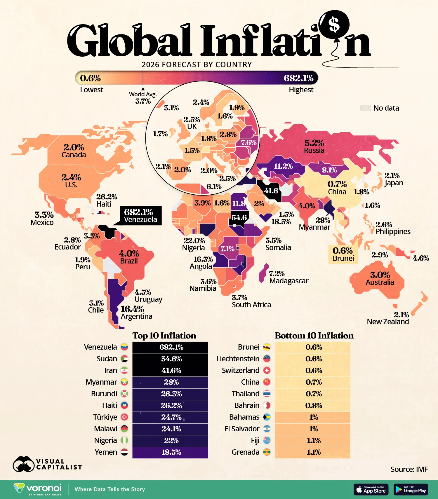Map showing the 2026 inflation forecast by country worldwide.
