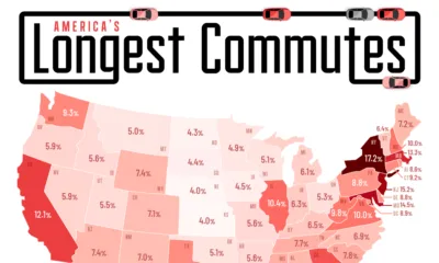 This map shows the share of commuters travelling over 60 minutes in each state, highlighting the U.S. states with the longest commutes.