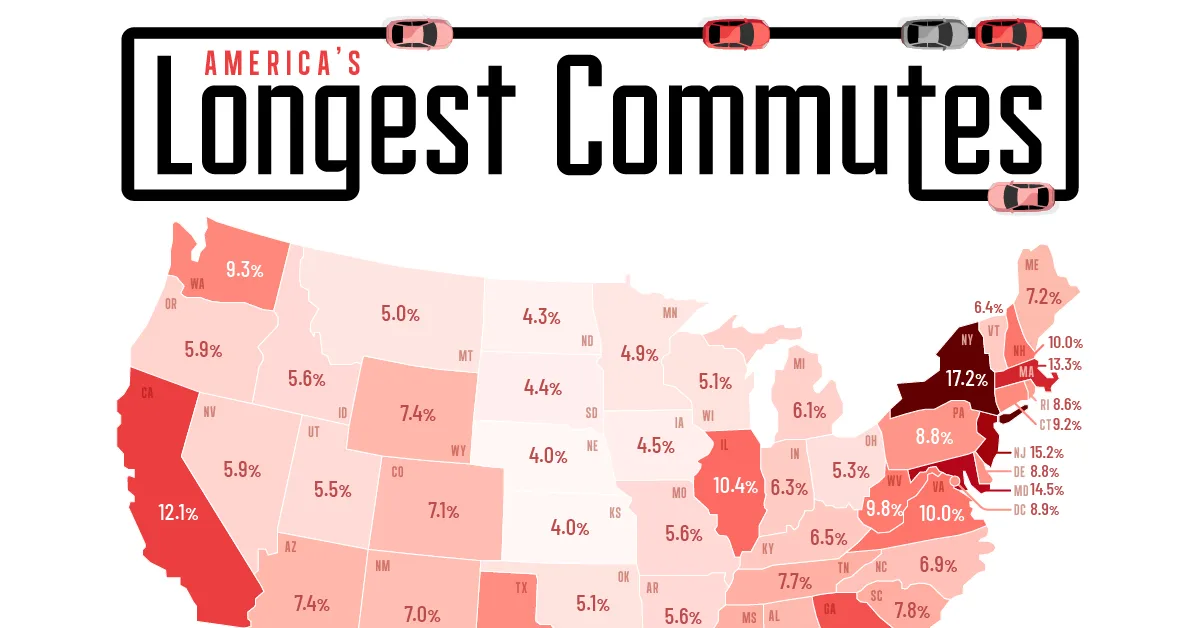 Mapped: U.S. States With the Longest Commutes