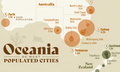 This map shows Oceania's 30 most populated cities, many of which are concentrated in Australia and New Zealand.