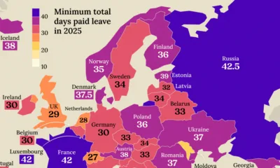 A map of Europe showing the minimum number of paid vacation and public holiday days by country in 2025.