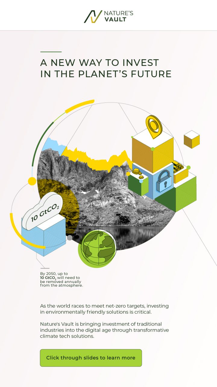 Graphic introducing Nature’s Vault and showing how much CO2 needs to be removed from the atmosphere.