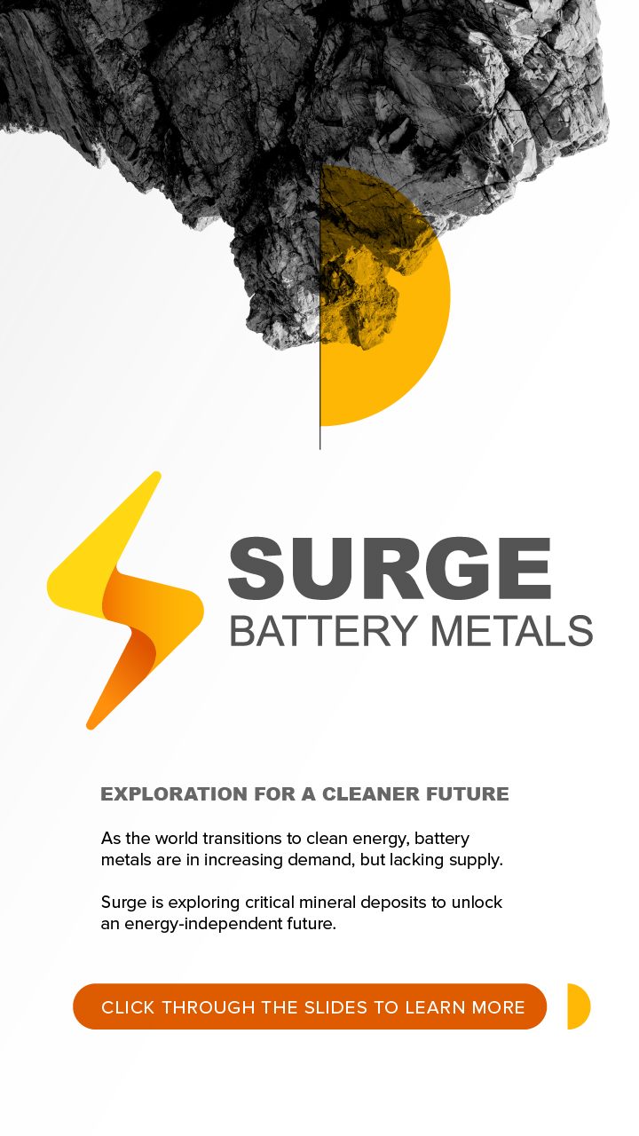 Surge Battery Metals slide introducing the company logo and their focus in exploring critical mineral deposits to help the world's transition to clean energy.