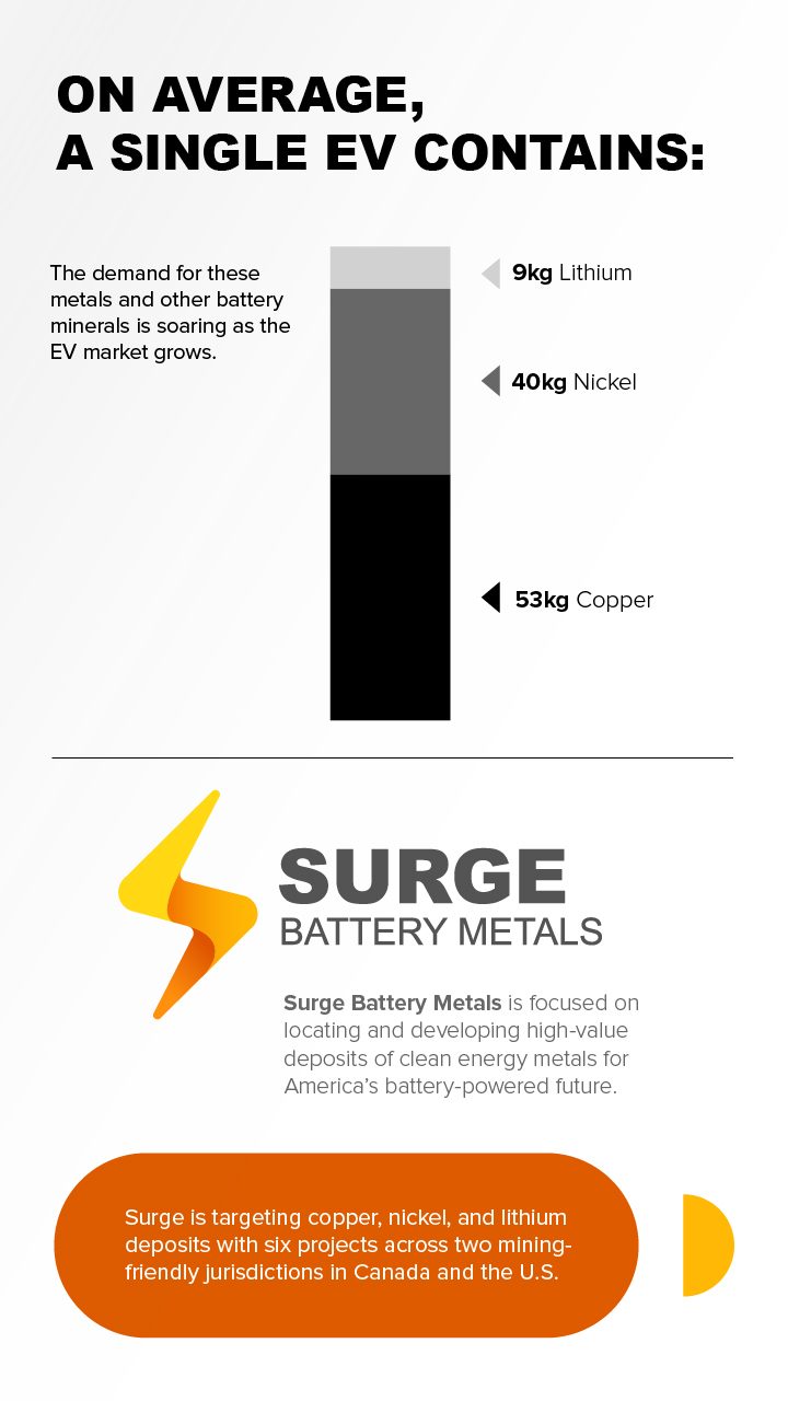 Chart showing the amount of lithium, nickel, and copper that a single EV contains.