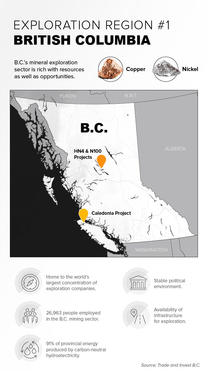 Map of British Columbia, Canada, showing the location of Surge Battery Metals projects: Caledonia Project, HN4 and N100 Projects.